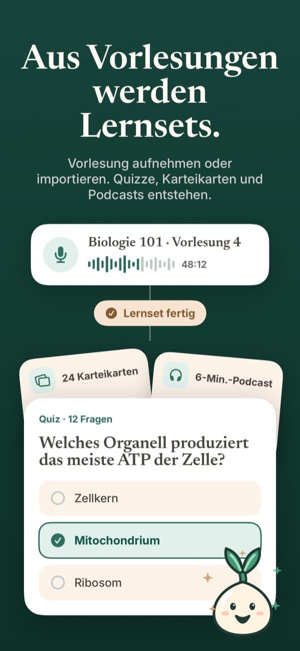 Eine Vorlesungsaufnahme, aus der Quiz, Karteikarten und ein Podcast werden